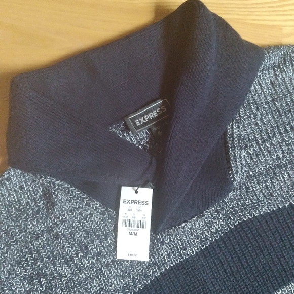 NWT Express Men's Chunky Navy Blue White Striped V-neck Sweater with Collar Med. - Picture 2 of 7